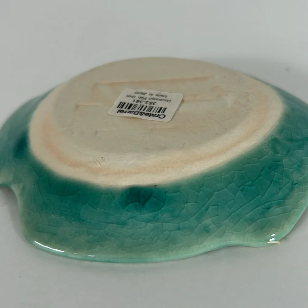 Crate & Barrel Japanese Crackle Ceramic Blue Green Fish Trinket/Kitchen Dish